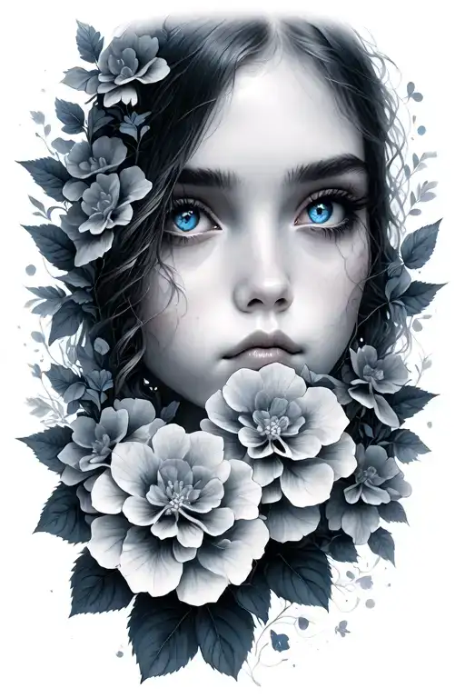 Blue Eyes In The Mist With Hortensia Flowers