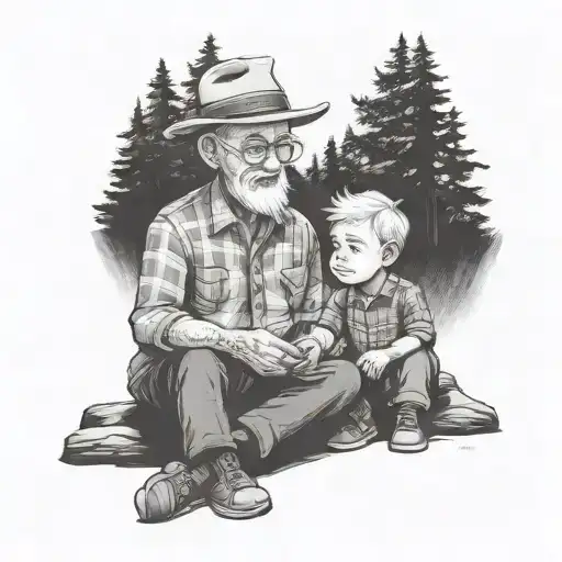 Grandfather And Grandson Sitting In Front Of A Campfire