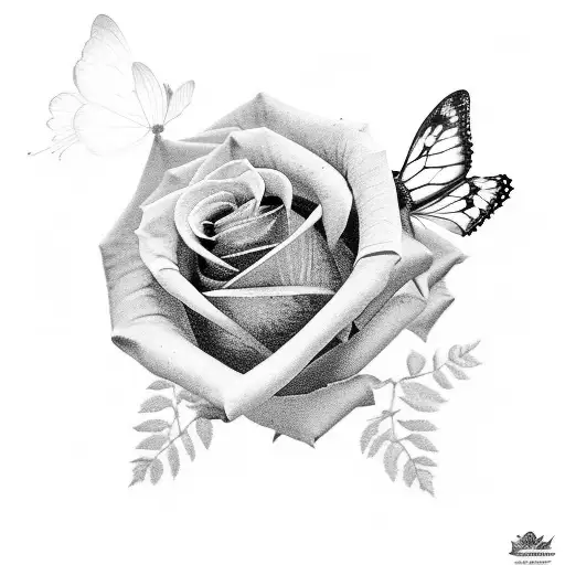 A Realistic Black And Grey Rose With A Hidden Butterfly Within Its Petals