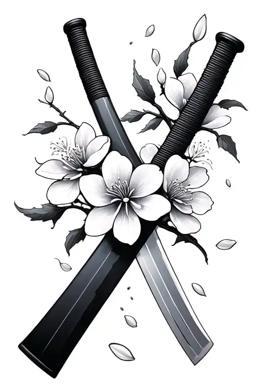 Cherry Blossom Petals Falling On Katana