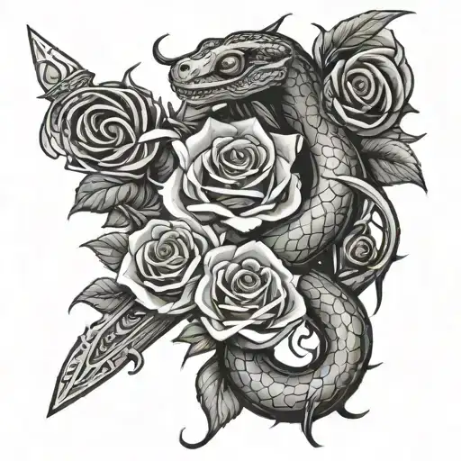 Snake Wrapped Around A Sword In Roses And Thorns