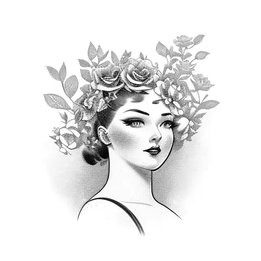 Vintage Floral Lady Profile Reading An Opened Book Surrounded By Bold Floral Frame