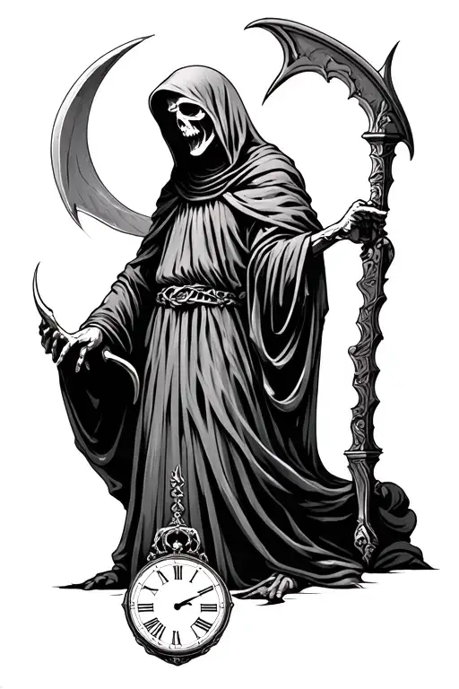 Grim Reaper Holding A Sythe With Roman Numeral Clock