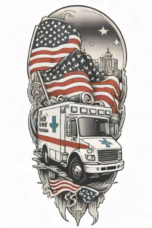 A Black-grey Tattoo Of An Ambulance With The American Flag Waving In The Background