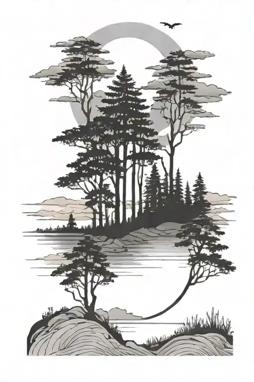 A Serene Landscape Tattoo Of A Sunset Over A Forest With A Subtle Religious Motif