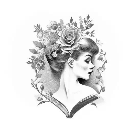 Vintage Floral Lady Profile Reading An Opened Book Surrounded By Bold Floral Frame