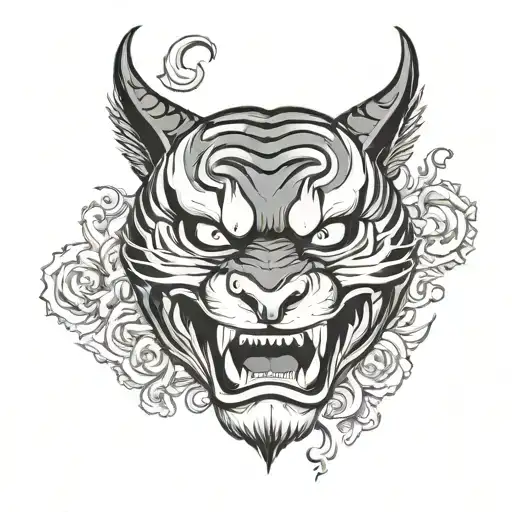 Half Tiger Half Hannya Mask With Closed Mouth Both