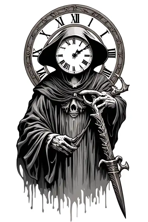 Grim Reaper Holding A Sythe With Roman Numeral Clock