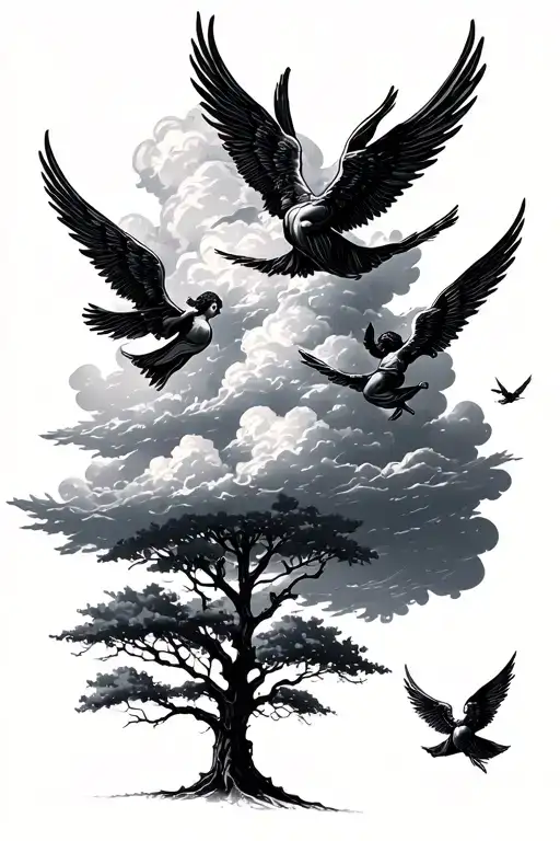 Clouds Surrounding A Tree With Angels Flying