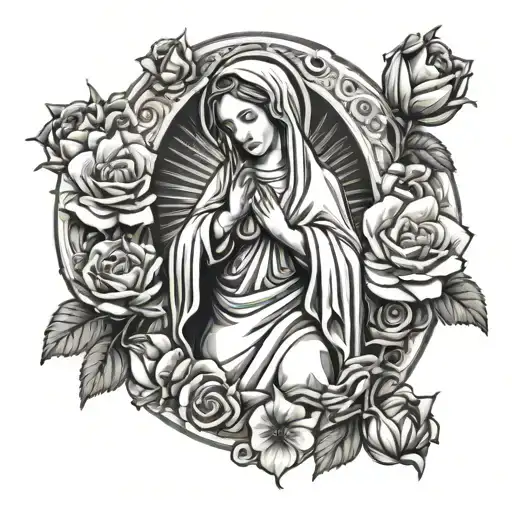 Virgin Mary Full Body With Flowers At The Base And Around The Top With Glowing Light