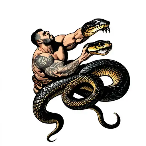 Man Fighting A Snake Wrapped