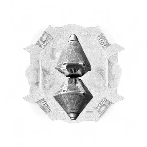 A Black-grey Tattoo Of An Alien Spaceship Hovering Above A Stack Of Dollar Bills