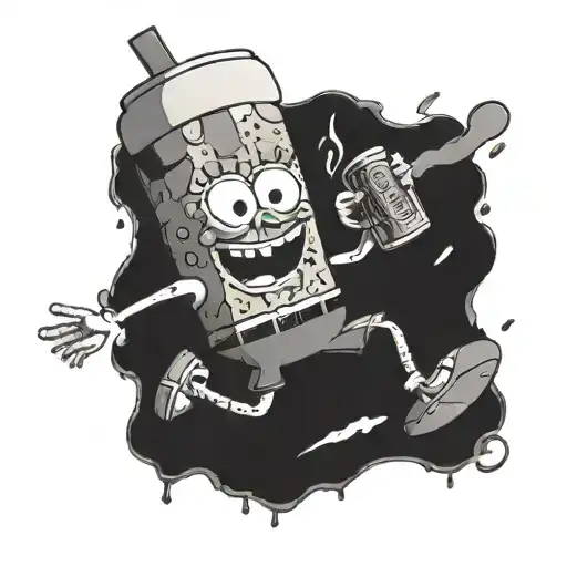 A Black-grey Tattoo Of Spongebob Kicking A Beer Can Like A Football