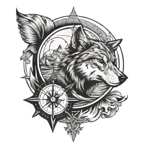 Wolf Face And Sea And Boat And Map And Compass And Moon And Family Symbol On Shoulder