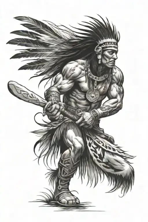 Native American Warrior Battling With An Ax Side Profile Masculine