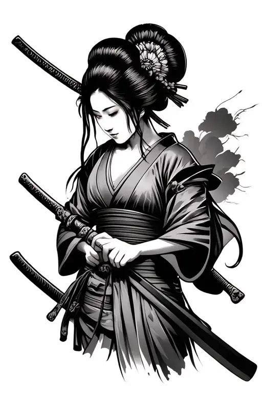 Geisha Standing Sideways With A Katana In His Hand And Hands Are On The Belt