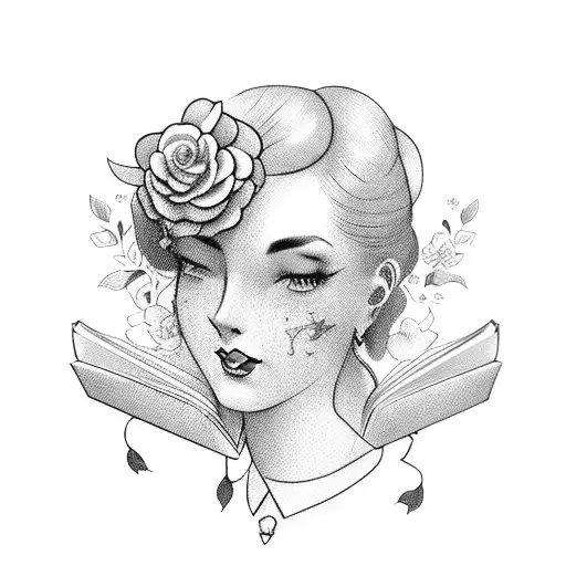 Vintage Lady Profile With An Opened Book Surrounded By Florals