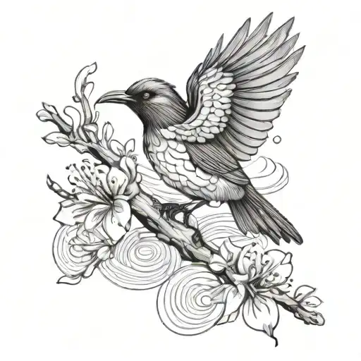 Tui Bird With Waves Water And Cherry Blossom Branch