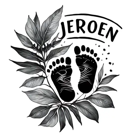 Tattoo Design With Tropical Leaves And The Name Jeroen And Baby Footprint