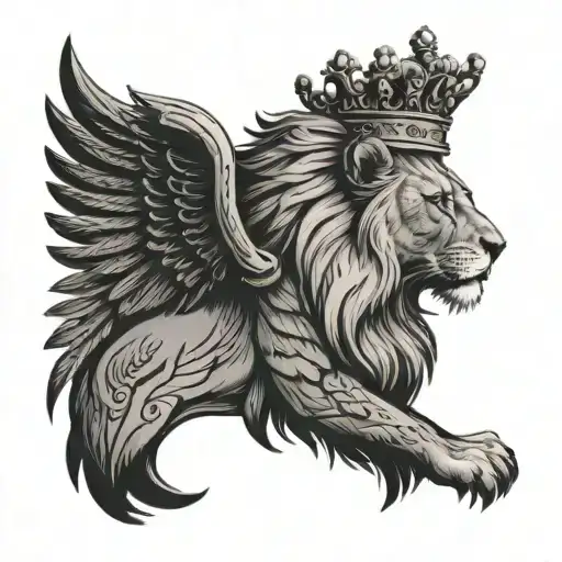 Lions Head From Side View With A Crown And Wings Spread Wide