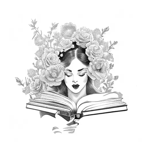 Vintage Floral Lady Profile Reading An Opened Book Surrounded By Bold Floral Frame