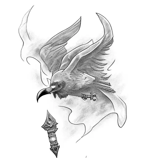 Design A Black-grey Tattoo Featuring A Mystical Raven Perched On A Runic Staff