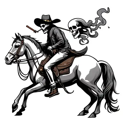 A Skeleton Cowboy On A Horse Smoking A Cigar