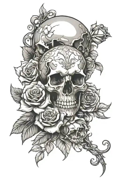 Skull And Rosses And Skull On Forearm