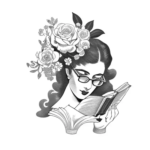 Vintage Floral Lady Profile Reading An Opened Book Surrounded By Bold Floral Frame
