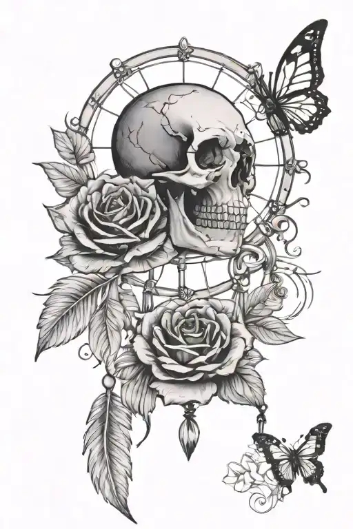 Dreamcatcher With Skull And Roses And Butterflies