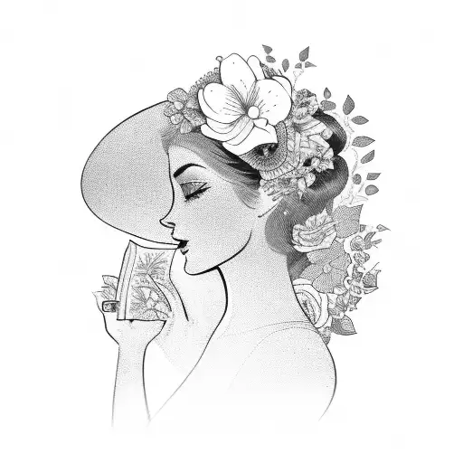 Vintage Lady Profile With An Opened Book Surrounded By Florals