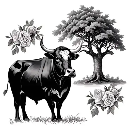 Hereford Bull In Front Of An Oak Tree With Roses