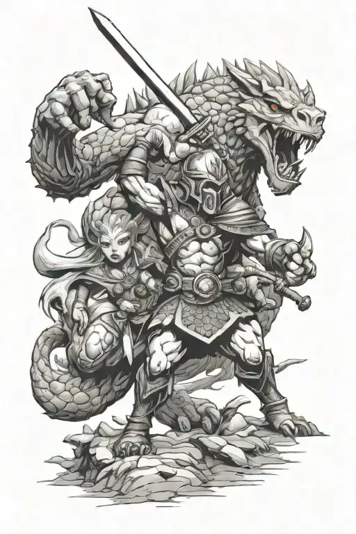 Warrior Fights Monster While Protecting Child