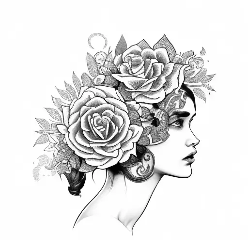 Side Profile Traditional Lady Head Tattoo Holding Books Surrounded By Bold Floral Frame