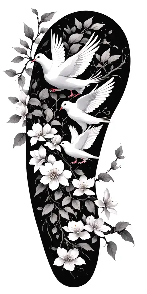 Cherry Blossom Vines Coming Up The Arm With Doves Birds