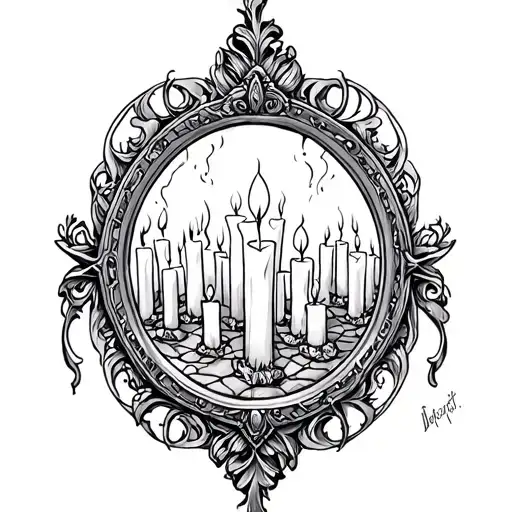 Harry Potter Inspired Tattoo Black And White Fine Line Of The Mirror Or Erised With Candles