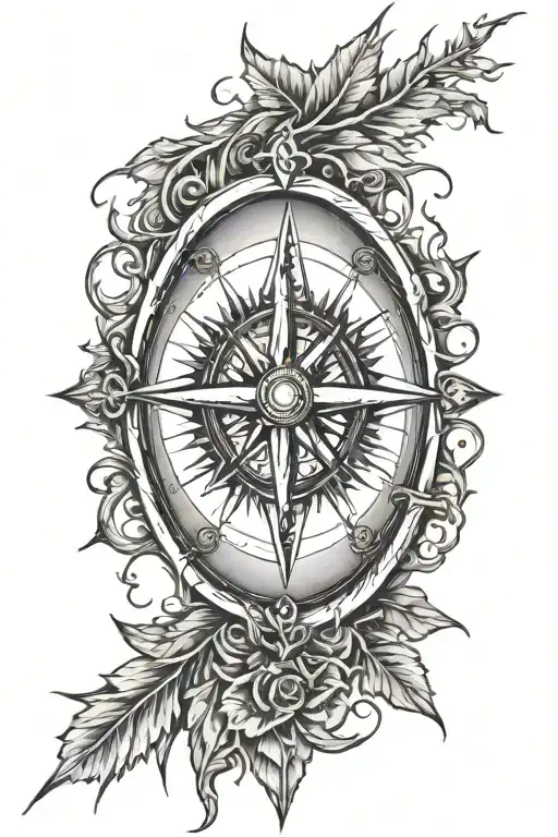 Traditional Woodcut Compass Surrounded By Thorns And Branches