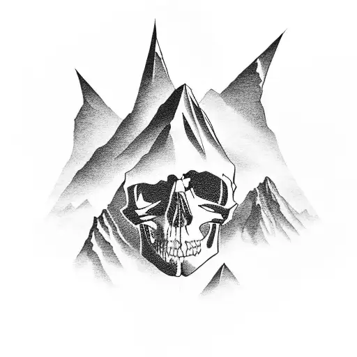 A Black And Grey Tattoo Of A Mountain Range With A Skull Nestled Among The Peaks