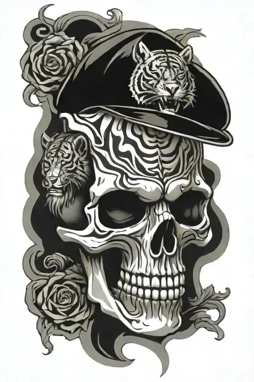 Skull With Tiger Head On Top And Word Gift Carved In Forehead Of Skull