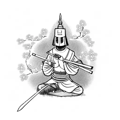 A Kendo Warrior Meditating Under A Cherry Blossom Tree