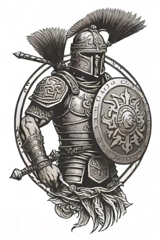 Roman Soldier With Dented Helmet Holding Round Shield With Cambodia And Hmong Symbols