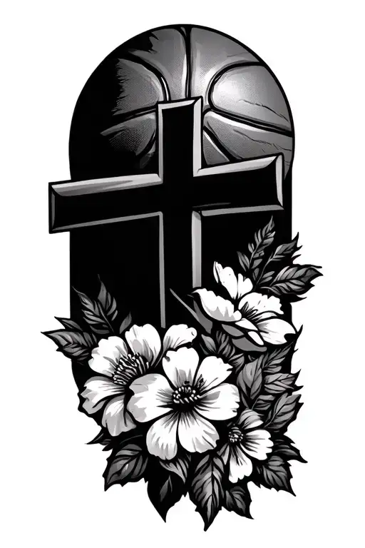 Basketball And Christian Cross With Flowers