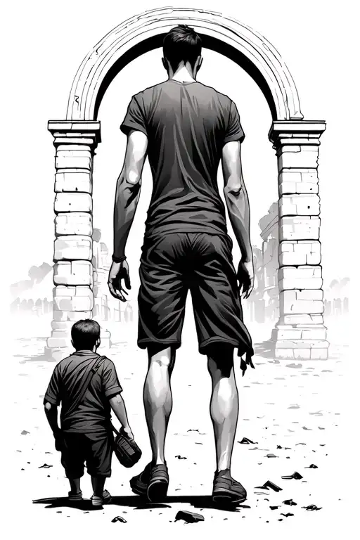 Boy Under The Shoulder Of Another Who Walk Towards An Arch With The Background Of The Colosseum