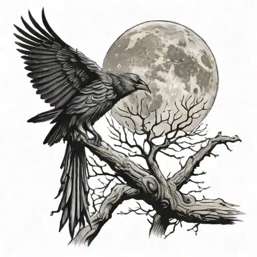 Crow On A Tree Branch With A Full Moon