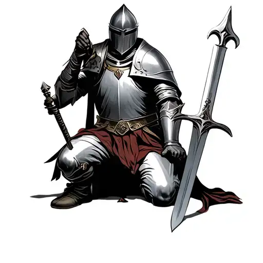 Realistic Templar Knight Kneeling Holding Sword