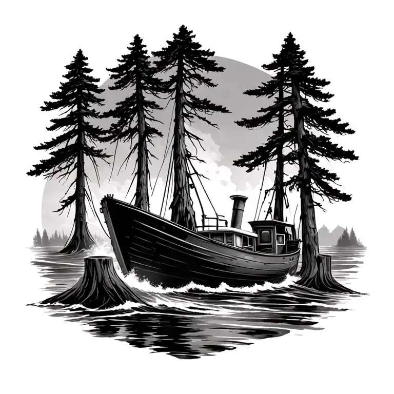 Redwood Trees Chainsaw Stumps Ocean Boats