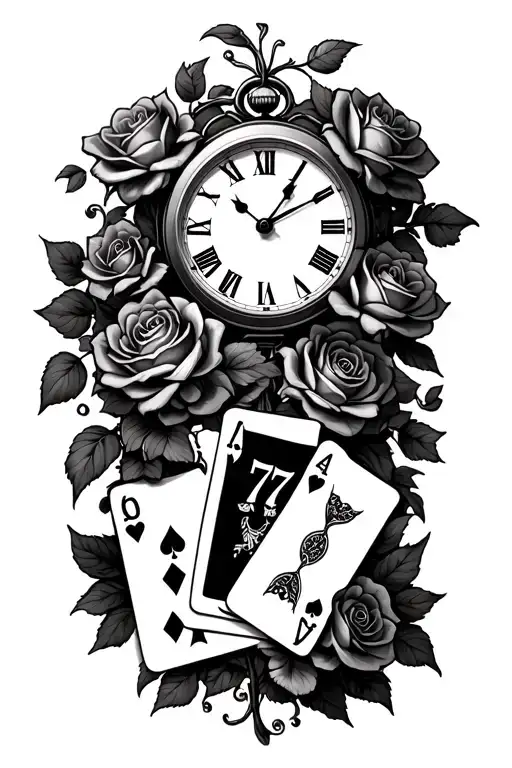 Clock With Roses And Vines And Cards Showing 777 With A Jackpot