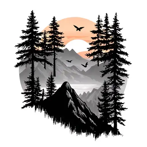 Mountains With Sunset And Pinetrees And 2 Birds