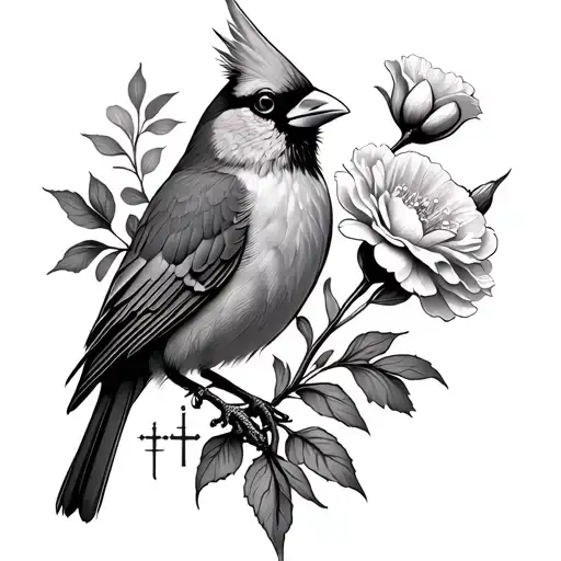 Cardinal With Carnation Flower And Cross