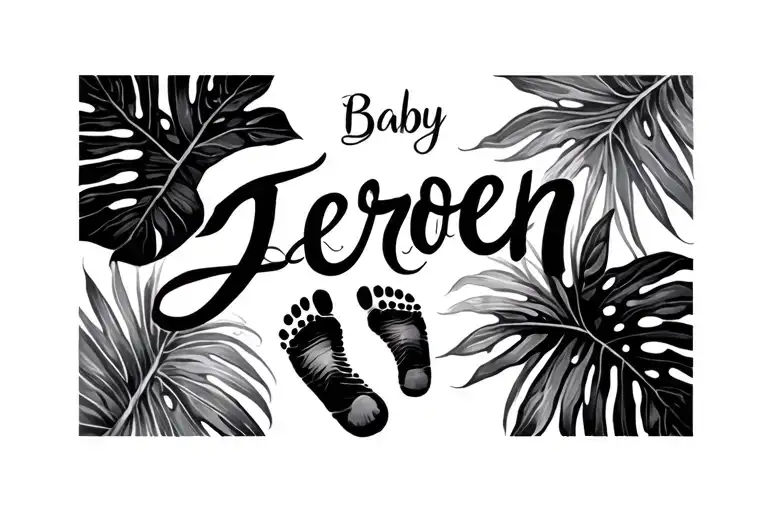 Tattoo Design With Tropical Leaves And The Name Jeroen And Baby Footprint